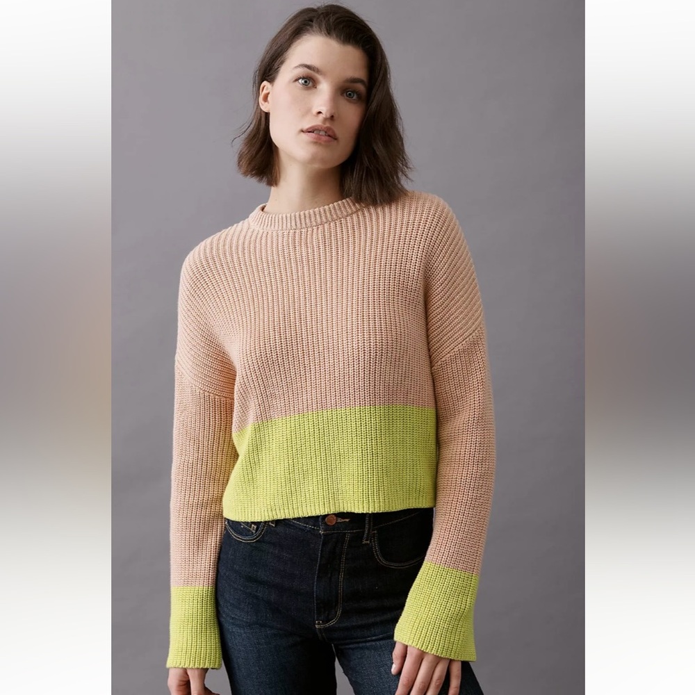 Anthropologie 525 Dana Knit Cotton Pullover Pink & Brown Sweater Size Small